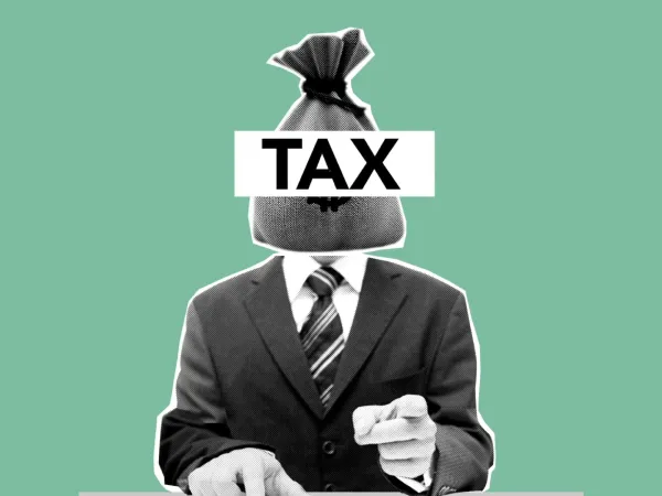 A suited man with a bag on his head labeled "TAX" points towards the viewer against a mint green background.