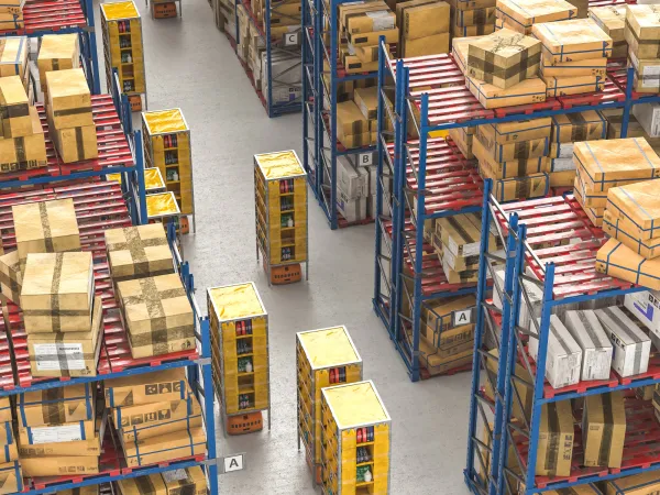 Aerial view of a warehouse with tall, organized shelves filled with various cardboard boxes and packages, creating a busy storage environment.